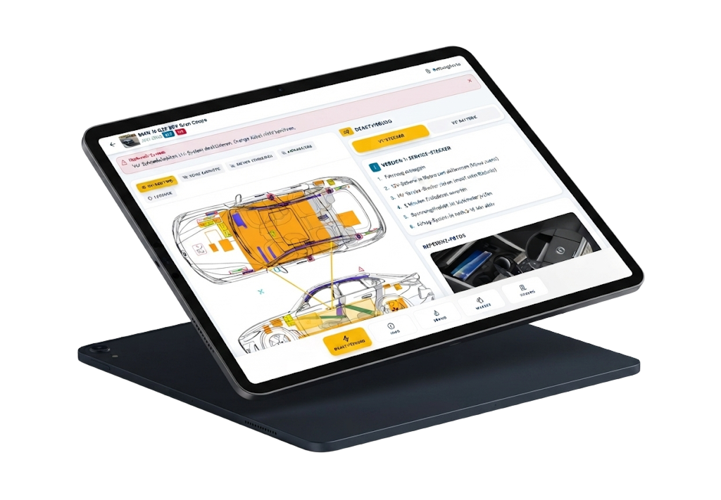 The Rescue Vault interface on a tablet, showing vehicle search and rescue card